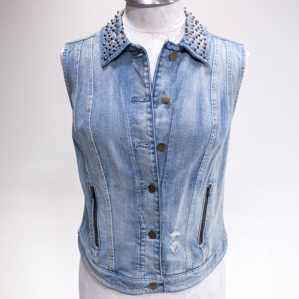 Guess M Sleeveless Jean Jacket Vest Layer Studded Collar Pattern Back Crop Top - Picture 8 of 16